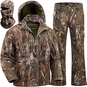 Men's Cold Weather Camo Hunting Suit, Quiet Fleece-Lined Jacket & Pants Set with Face Mask, Suitable for Hunting