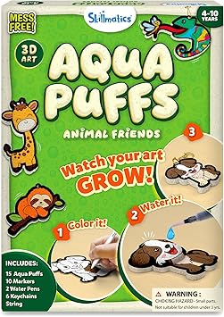 Skillmatics Aqua Puffs - 3D Art Kit, Animals, Mess-Free Paint by Number Craft for Kids, DIY Color Activity, Screen-Free Entertainment, Travel & Creative Gift for Girls & Boys Ages 4, 5, 6, 7, 8, 9, 10