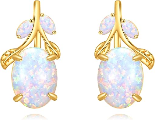 14K Solid Gold Opal Stud Earrings for Women, Flower Shaped Oval Opal Earrings Gemstone Birthstone Anniversary Birthday Mother's Day Earrings Gifts for Mom Her Wife