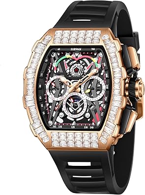 Automatic Mechanical Watches for Men Waterproof Men's Skeleton Tonneau Square Face Watch with Diamonds Self Winding Wrist Watch Adjustable Silicone Strap