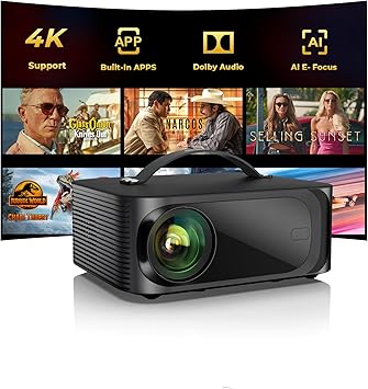 Outdoor-Projector-4K with WiFi and Bluetooth: [3000 Brightness/50W DoIby/Built-in APPs] Portable-Projector Smart OS 2.0&AI Auto Focus, ONOAYO Movie Proyector Compatible with Netflix/YouTube/PrimeVideo