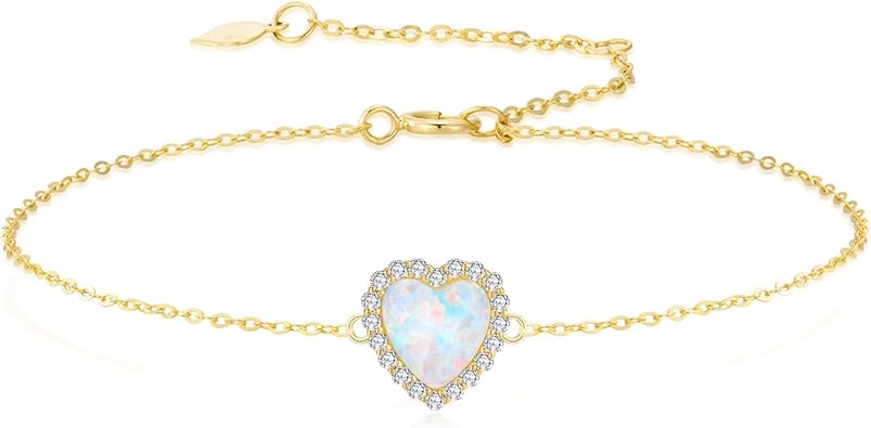 14k Gold Created Moissanite and Simulated Opal Heart Bracelet for Women, Real 14 Karat Hand Jewelry Gifts for Her, 6.2"-7.8"