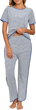 Donnalla Women's Pajama Sets Cotton 2 Piece Lounge Set Stripe Short Sleeve Pj Set Comfy Loungewear Sleepwear with Pocket