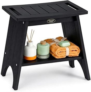 HDPS Shower Benches for Inside Shower, 17" Height Waterproof Bath Stool with 2-Tier Storage Shelf, Heavy Duty Spa Seat for Shaving Legs, Seniors & Adults, Wood-Like Texture, Black