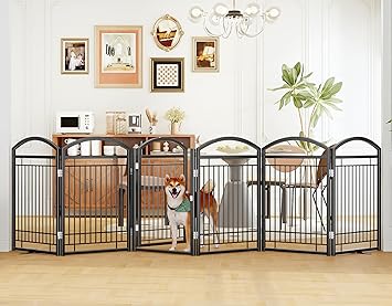 Folding No-Assembly Metal Freestanding Dog Gate with Door Walk Through,32" Height Pet Fence,144" Extra Wide Accordion Puppy Folding Playpen for Doorways,House,Stairs (6 Panels,Black)