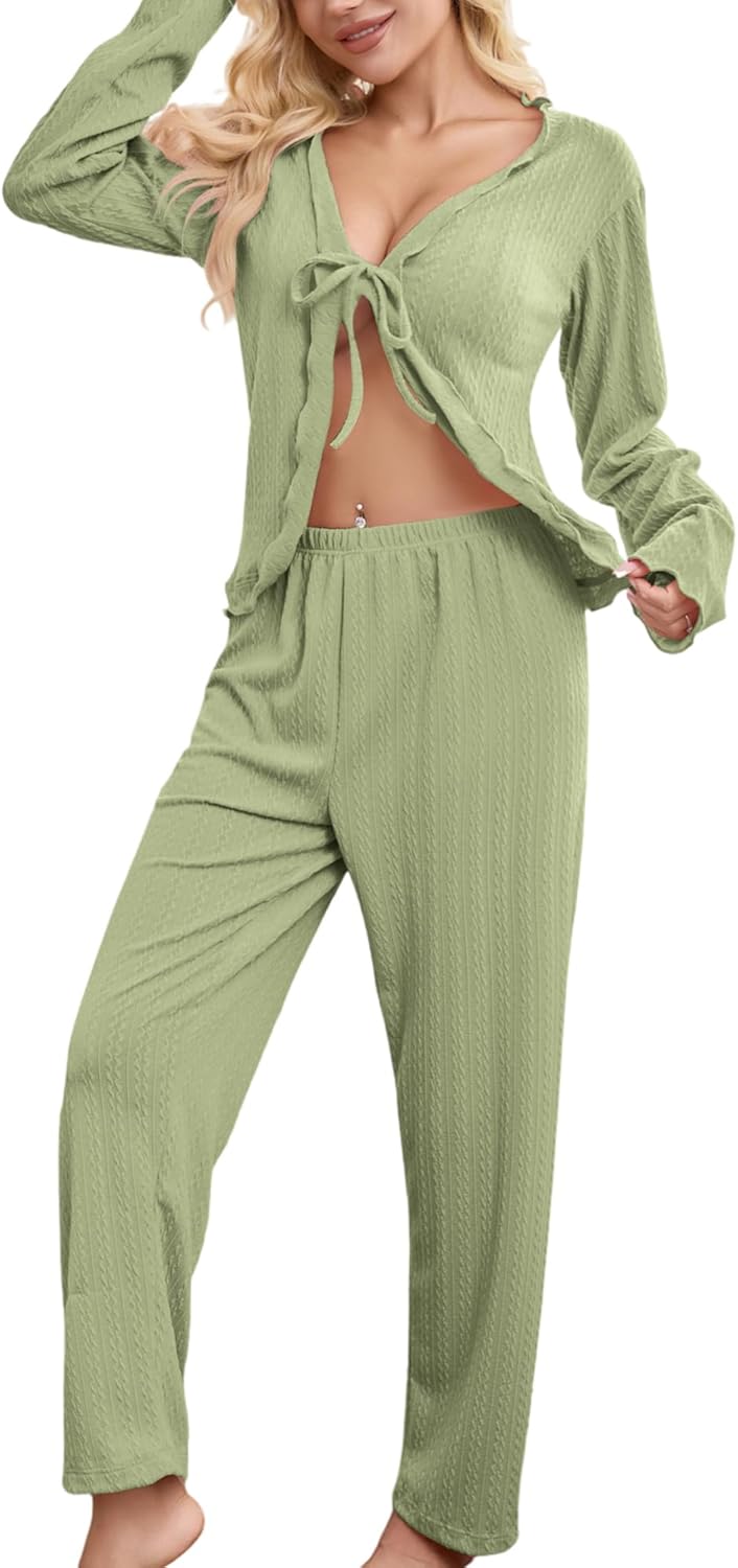 Women's Pajama Sets 2 Piece Lounge Sets for Women Tie Front Top Loungewear Soft&Comfortable Sleepwear S-XL