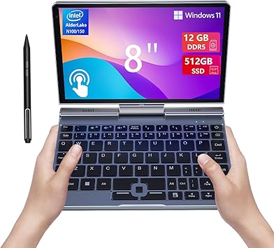 KOOFORWAY 8" Mini Laptop 2-in-1 HD Touchscreen Portable, Win 11 Pro Portable Pocket PC, N150 12 GB LPDDR5 512 GB M.2 SSD, Wi-Fi 6, BT 5.2 2 MP Camera, G-Sensor, HDMI, Type C