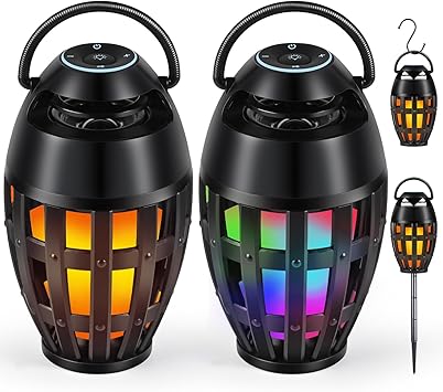 Outdoor Bluetooth Speakers with LED Flame Effect & Color Changing, IPX6 Waterproof, Bluetooth 5.3, USB Charging, Gifts for Men/Women, Torch Atmosphere Speaker for Patio/Garden/Party/Camping（2 Pack）