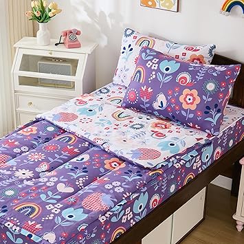 DJY Zipper Bedding Set Full, Purple Floral Bedding Sets for Girls, Kids Comforter Set with Fitted Sheet Pillowcases, All in One Zipper Bed Set for All Seasons