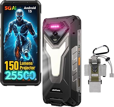 Ulefone Armor 34 Pro Plus 5G Rugged Phone Unlocked with 150 Lumens Projector, 32GB+512GB ROM/2TB, 25500mAh 66W, Android 15 6.95" 120Hz, 64MP+50MP+50MP 32MP, 1100LM LED Light/Waterproof/NFC/Widevine L1