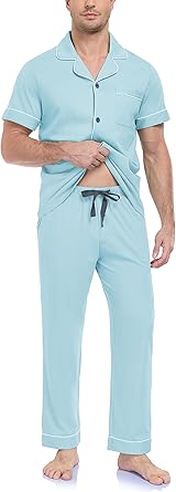 COLORFULLEAF 100% Cotton Mens Pajamas Set Short Sleeve Loungewear with Long Pants Button Down Sleepwear Soft Comfy Pj for Men