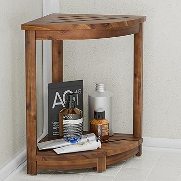 HOLANA 18" Acacia Wood Corner Shower Bench, Corner Shower Stool, Bath Stool with Lower Shelf - Wooden Shower Stool for Inside Shower - Shower Foot Rest (Walnut Color)