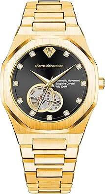 PIERRE RICHARDSON PR5922 Men’s Watch, Black Dial, 24K Pure Gold Plated, Automatic, Sapphire Glass, 41mm, 10ATM