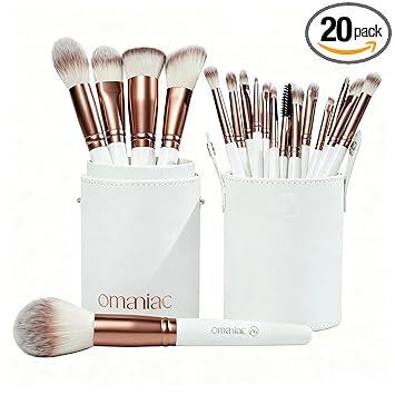 OMANIAC 20Pcs Makeup Brush Set Professional - Premium Synthetic Foundation Eyeshadow Blending Face Powder Brushes with Travel Case - Cruelty-Free Beauty Gift Kit for Beginners & Women (White)