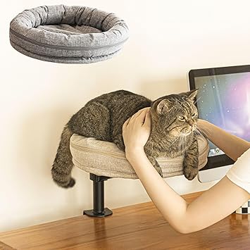 Cat Desk Bed for Cat, Desk Mounted Pet Mat x2 Removable and Washable, 360 Rotation & Adjustable Height Cats Up to 40 lbs