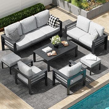 7 Pieces Outdoor Patio Furniture Set with Waterproof Cover, Modern Conversation Set with Cushions and Coffee Table, Weather-Resistant Patio Furniture for Balcony Porch Garden Deck(Gray)