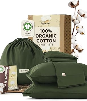 Bedsure 100% GOTS Certified Organic Cotton Sheets, Queen Sheet Set, 17" Deep Pocket Bedsheets with Corner Straps, Eco-Friendly, Soft, Breathable & Luxury PureWoven Cotton Hotel Bedding, Olive Green