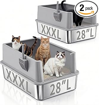 Jotesnew 2 Pack 28" Extra Large XXXL Stainless Steel Cat Litter Boxes with Lid Metal Cat Litterbox Pan for Big Cats and Multiple Cats, Anti-Leakage, Easy Cleaning, Include Scoop
