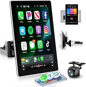 2G+64G Android Rotatable Single Din Car Stereo with Wireless Carplay Android Auto, 10.1 inch 1280P Touch Screen Bluetooth Car Radio with GPS WiFi Mirror Link FM/RDS Radio USB Port +AHD Backup Camera