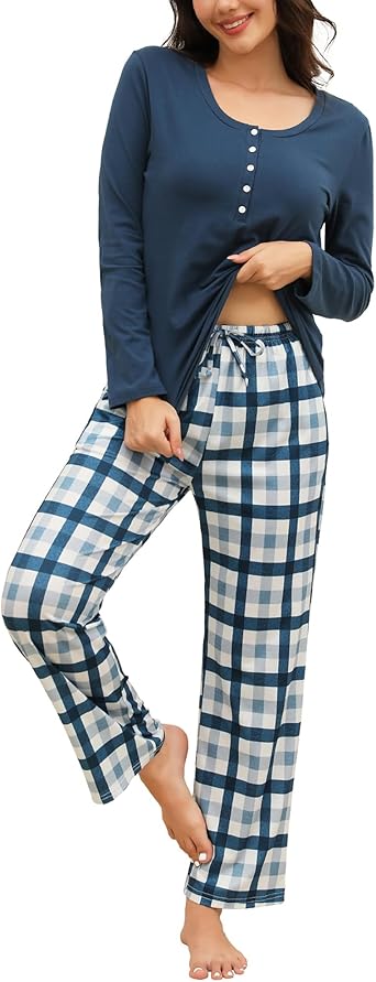 Pajamas for Women Set Cotton Long Sleeve & Plaid Pants Women's Sleepwear Loungewear Soft Womens Pjs Sets with Pockets