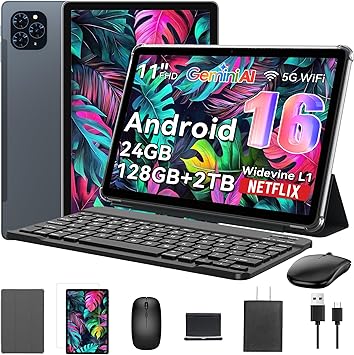 Tablet 2026 Android 16 Tablet with Gemini AI 3.5, 11 Inch FHD Display, 24GB RAM 128GB ROM/2TB TF, T7250 CPU + 13MP Camera, 8000mAh, Widevine L1, Tablet with Keyboard, Mouse, Gray, for Work and Study