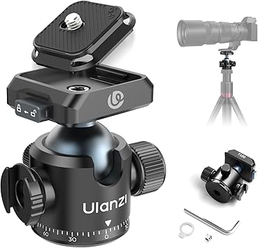Ulanzi T100 Ball Head, Tripod Ball Head Mount 1/4 & 3/8 inch with Uka Quick Release Plate & Cold Shoe, 360° Rotating Panoramic Ball Head for DSLR Camera,Tripod,Monopod,Slider,Camcorder, 13lbs/6kg Load