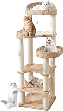 Wooden Cat Tree for Indoor Cats, 62-Inch Tall Cat Tower with Scratching Post for Large Cats, Solid Wood Cat Condo with Handwoven Basket, Modern Cat Tree Tower with Hammock, Easy to Clean