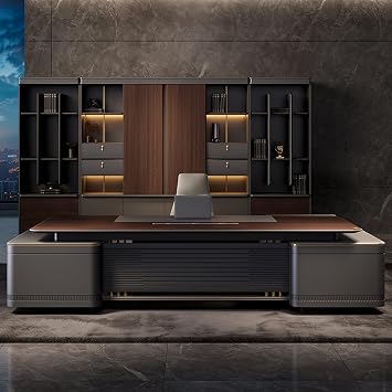 94" Wood Brown Executive Office Desk Computer Desk with File Drawers Writing Study Table Business Furniture Set for Home Office
