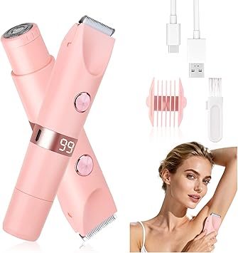 2-in-1 Electric Shaver & Bikini Trimmer with LED Display for Women & Men，IPX7 Waterproof Wet/Dry Electric Razor with Dual Head, Rechargeable Painless Body & Facial Hair Remover (Pink)