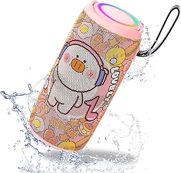 Cute Cartoon Bluetooth Speaker for Girls & Teens, Kawaii Portable Wireless Speaker with RGB Sync Lights, IPX5 Waterproof, 20H Playtime, Aesthetic Room Decor Birthday Gifts, Pink