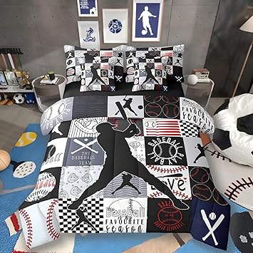 Erosebridal Boys Baseball Comforter Set 7 Piece Bed in a Bag Twin, Ball Sports Bedding Sets Baseball Bat Games Comforter and Sheet Set, Teen European Softball Player Fan Room Decor,Black Red