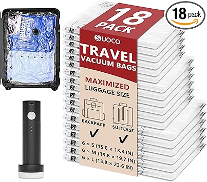 Travel Vacuum Bags for Clothing with Rechargeable Electric Pump, Compression Packing Cubes Organizer Storage for Luggage Suitcase, Space Saver Seal Bags for Vacation Cruise, 18 Combo