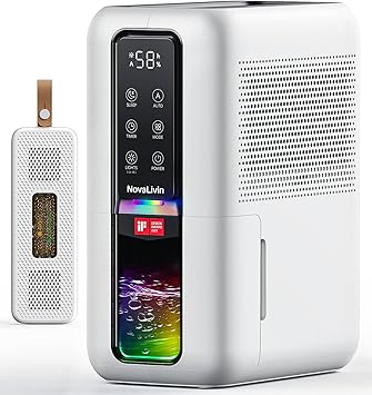 Dehumidifier for Home, Dehumidifiers for Bathroom, Bedroom, Living room, Closet with 68 OZ Water Tank, Moisture Absorbers, Auto Shut Off, Auto Humidity Control, 7 Colors LED Light, Black and White