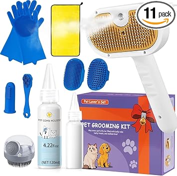 Pet Steam Brush for Dog & Cat - 3-in-1 Steam Grooming Brush for Shedding & Hair Removal - Self Cleaning Spray Comb with Mist for Long Haired Pets - Includes 1*Waterless Shampoo, Blue.