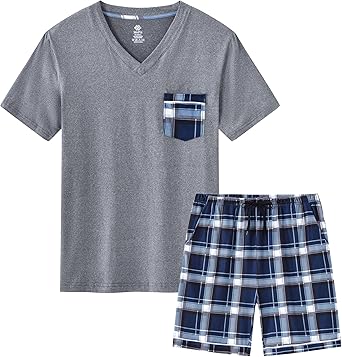 MoFiz Mens Pajama Set Summer Pjs Sleepwear Nightwear Lightweight Quick Dry Soft Short Sleeve V-Neck Pjs Sleep Set With Pocket
