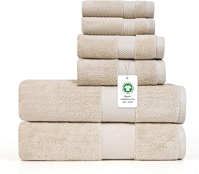 Farm to Home 100% Organic Bath Towel Set of 6 – GOTS & Oeko-TEX Certified Organic Cotton, Soft, Ultra Absorbent, Quick Dry - Includes 2 Bath Towels, 2 Hand Towels, 2 Washcloths - Sand