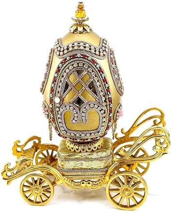 1975 Royal Fabergé Style Princess Carriage Egg – Faberge style Music Box Hand-Carved Natural Egg with Crown, Pure Gold decor Austrian Crystal Diamond Rubies – Luxury Proposal & Anniversary women gift
