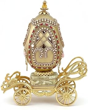 One of a Kind 1975 Fabergé Style Princess Carriage Egg – Hand-Carved Natural Egg with Crown, Pure Gold decor Crystal Gemstones – Wife 50th Anniversary or 50th Birthday Gift Regal Musical Masterpiece