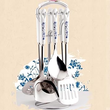 7-Piece Stainless Steel & Ceramic Kitchenware Set - Blue Flatware Cutlery Set with Ceramic Spatula - Premium Silverware for Cooking & Dining