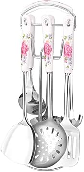 7-Piece Stainless Steel & Ceramic Silverware Set - Purple Flatware Cutlery & Spatula Kitchenware - Durable, Stylish, Essential Cooking Utensils for Home Chefs