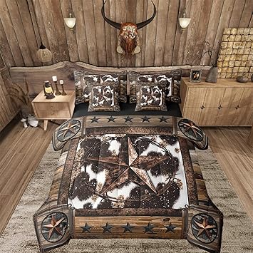 Feelyou Brown Western Aztec 7 Pieces Bedding Set King Size West Texas Star Comforter Set with Sheets for Kids Boys Girls Decor Wild Cowboy Cow Fur Printed Rustic Farm Bed in a Bag Soft Bedroom Decor