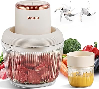 Kawu Electric Food Processor, Glass Portable Electric Garlic Chopper with 2 Bowls, 300W Vegetable Chopper Blenders with 2 Blades, Onion, Fruit, Meat Grinder Shredder for Kitchen Home