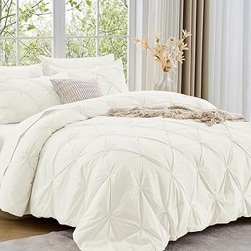 Sasttie California King Comforter Set, 7-Piece Bed in a Bag, Pintuck Bedding Sets for All Season, Includes Comforter, Flat Sheet, Fitted Sheet, Pillowcases and Pillowshams, Ivory