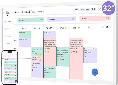 Digital Calendar 32 Inch Touch Screen, Electronic Wall & Desk Calendar Chore Chart for Monthly/Weekly Family Planner and Rewards, 1080P Interactive Display Smart Calendar for Home Organization - White