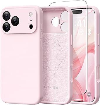 GolbinBox Magnetic for iPhone 17 Pro Case, Compatible with MagSafe, [Full Camera Protection] [Screen Protector], Silicone Shockproof Phone Cover with Anti-Scratch Microfiber Lining, Chalk Pink