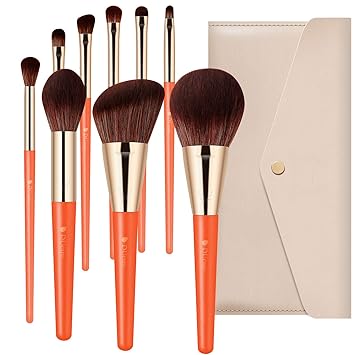 DUcare Travel Makeup Brushes with Pouch, 9Pcs Vegan Makeup Brush Set - Face & Eye Brush Kit for Powder Contour Blush Concealer Eyeshadow Blending & Detailing, Synthetic Bristles,Orange