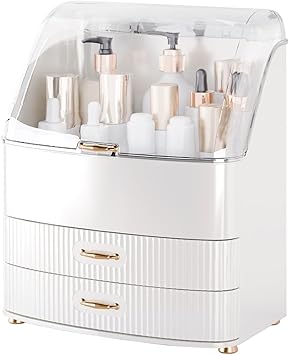Makeup Organizer Countertop Vanity with Transparent Lid Drawers Waterproof Dustproof Cosmetic Skincare Bathroom Storage Gift for Women Teens Girls (White)