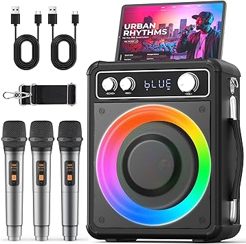 VOSOCO Karaoke Machine with 3 Wireless Rechargeable Microphones, Portable Bluetooth Speaker for Adults Kids, PA Systems Support TWS Echo Adjust TF USB AUX for Home Party Outdoor Travel