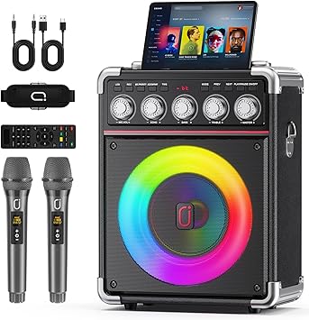 Karaoke Machine for Adults with 2 Wireless Microphones, Portable Bluetooth 5.3 Speaker with Bass/Treble/Echo Adjustment, PA System with Remote Control, Supports TWS/TV/TF Card/USB/AUX (Black)
