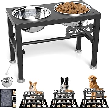 SHAINFUN Elevated Dog Bowls with Mat for Medium Large Dogs, Raised Dog Bowl Stand with 2 Stainless Steel 58oz Bowls, Tall Dogs Food Water Bowl Holder